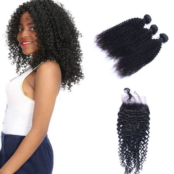 2019 Human Hair Kinky Curly 3 Bundles With Closure Peruvian Hair