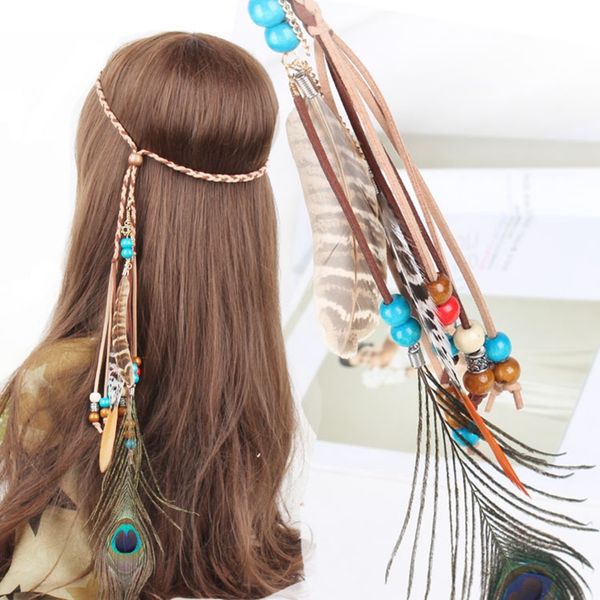 

hippie carnival headwear boho feather headband peacock headpiece party beaded waistband women hairband festival hear accessories, Golden;silver