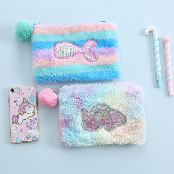 

kawaii zipper hair ball pen bag rainbow plush pencil case large capacity pencil pouch kids girls gift school stationery supplies