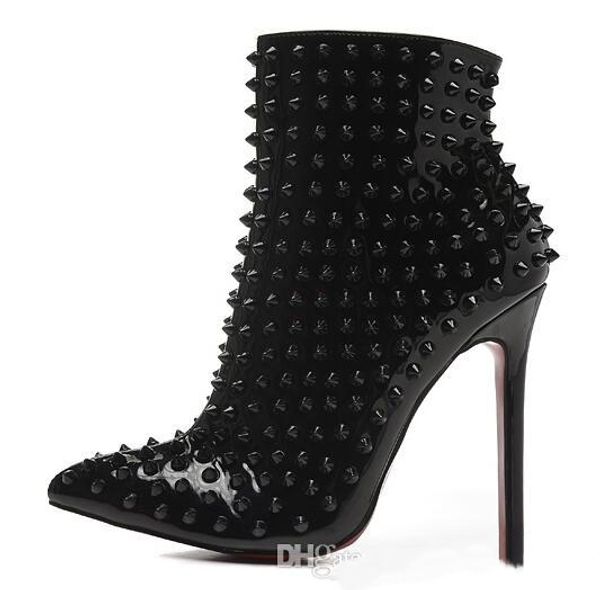 

2018 black red leather with spikes pointed toes womens ankle boots fashion ladies red bottom high heels shoes pumps