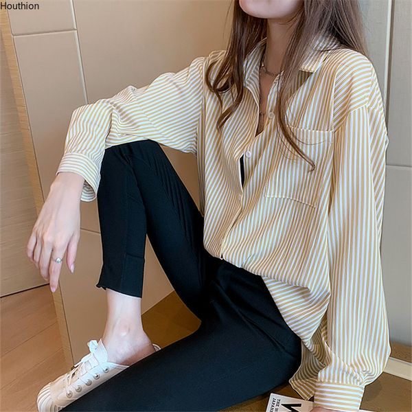 

houthion women's shirt blouse spring summer new loose-breasted long-sleeved striped shirt blouse pocket, White