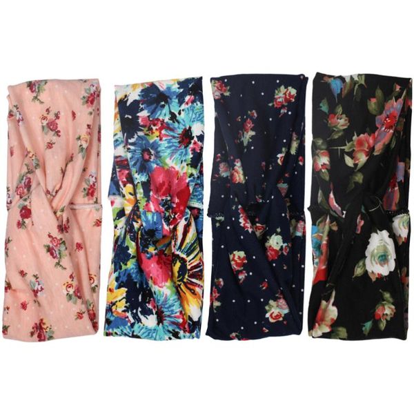 

4pcs flower printing headband wide elastic hair bands sports sweat absorb headwear yoga running breathable headwrap floral hair, Yellow;black