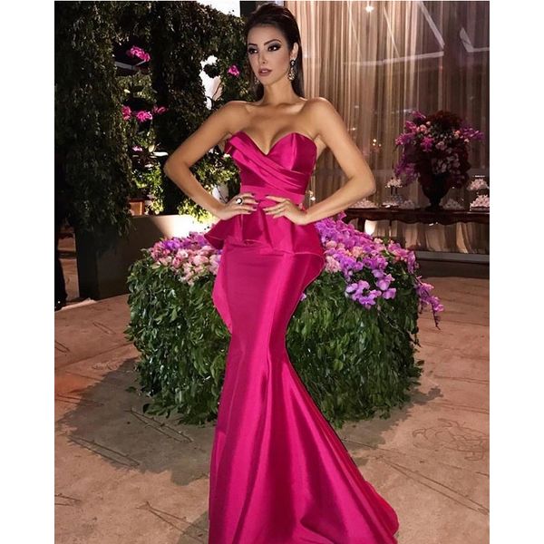 

fuchsia satin mermaid evening dresses newly pleats peplum elegant women formal dinner party dresses robe de soiree longue, Black;red