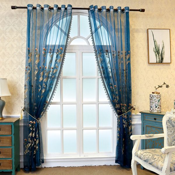 

blue light curtain embroidery flower screen living room bedroom european window screen