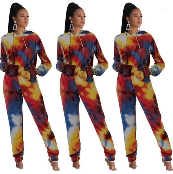 

womens casual relaxed tracksuits women designer tie dyed reset fashion long sleeve hooded two piece sets, White