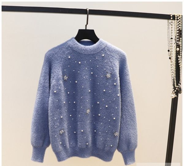 

New arrival in 2019 beaded flower imitation water mohair mohair weater female fa hion wild bottoming weater top