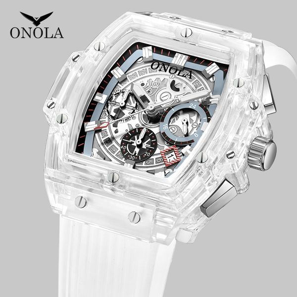 

onola brand men white designer watch 2019 casual men luxury quartz unique male square wristwatch plastic watch sport transparent dqfox, Slivery;brown