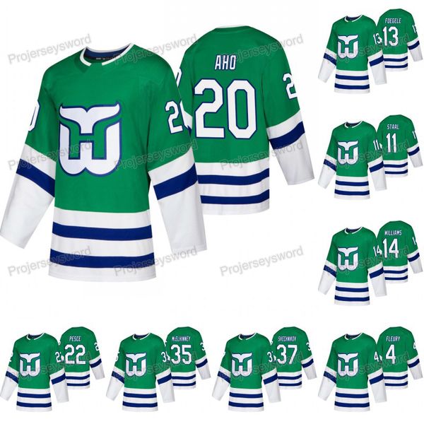 

Carolina Hurricanes Sebastian Aho Whalers Night Green Jersey Warren Foegele Haydn Fleury Justin Williams Brett Pesce Justin Faulk Petr Mraze
