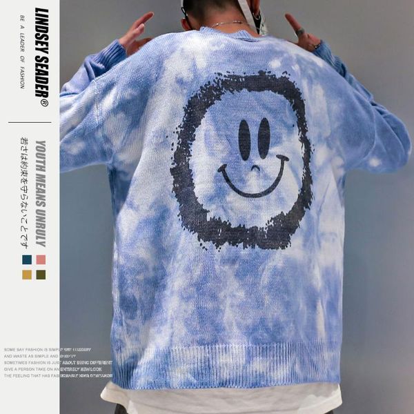 

women mens tie dye smile face knitted pullover sweaters hiphop hipster casual jumper sweater streetwear fashion outwear, White;black