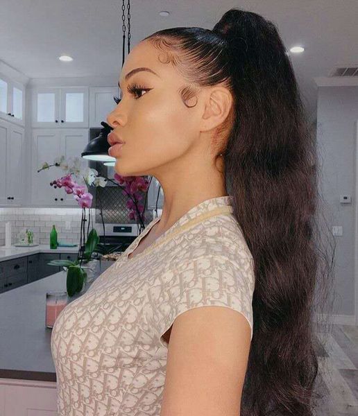 

22" 140gram hair piece pony tail extension (dark brown chocolate) very long & voluminous curled wavy human hair drawstring ponytail, Black