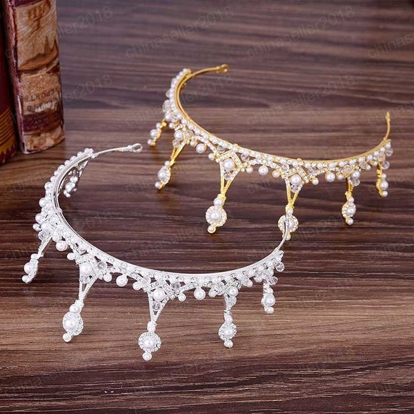 

luxury silver color pearl diadem bride coronal headpiece rhinestone tiara and crown wedding hair jewelry accessories, White;golden