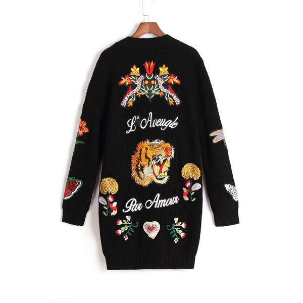 

runway women embroidery tiger jacket women black long sweater cardigans 2019 spring lady vintage jumper coat clothes, White