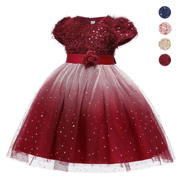 

starry sky flower girl dress gauze sequins tutu short sleeve princess dresses for party wedding baby clothes 3-10y e5161, Red;yellow