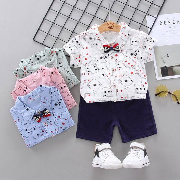 

2020 summer cool baby boys clothing set cards printed short sleeve shirt + pants trousers +bow 3pcs children kids suit, White