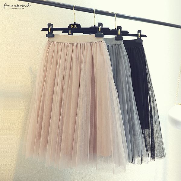 

fashion women high waist mesh skirt knee-length tulle party lolita skirt female sweet midi tutu pleated skirts, Black