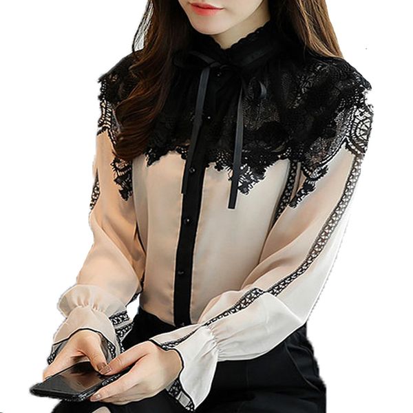 

женская одежда женская блузка 2019 новые женщины топы мода длинным рукавом блузы шифон кружева лоскутная regular управление леди блузы d253, White