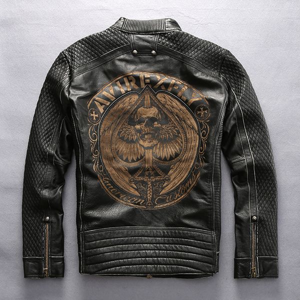 

avirexfly men's genuine leather embroidery skull jacket motor vintage pattern black jacket cowhide coat dhl free shipping