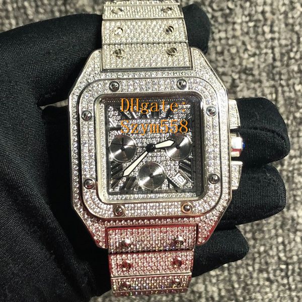 

Iced out watch diamond watch 46mm quartz vk movement weep move man luxury watch 316 tainle teel et diamond 2 color, Slivery;brown