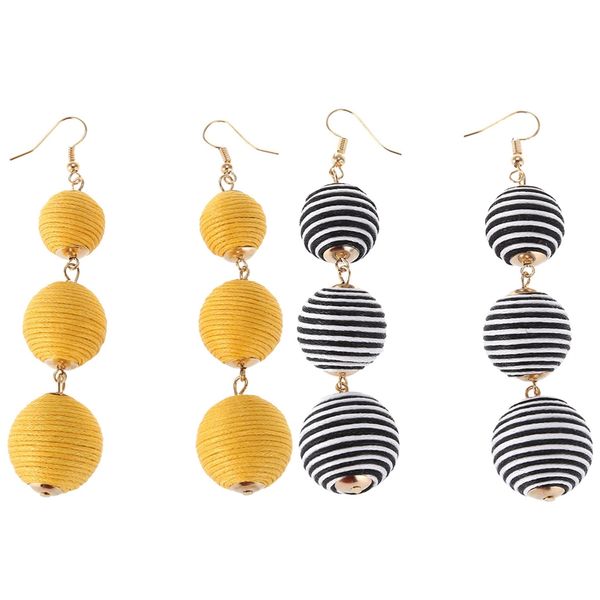 

2 pcs fringe earrings triple ball thread wrapped stud earrings long tassel for women , black & white with yellow, Silver