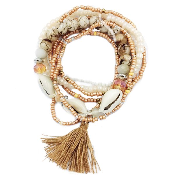 

7pcs/set bohemia charm tassel strand crystal beaded shell bracelet set 2019 for women fashion geometric girl gold bead jewelry, Golden;silver