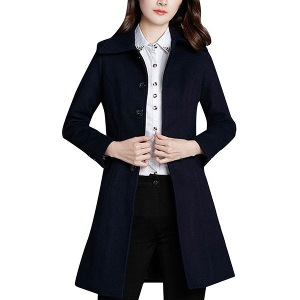 

women's coat professional wear solid colormedium and long jacket slim fit thickened woolen cotton long sleeve lapel coat, Black