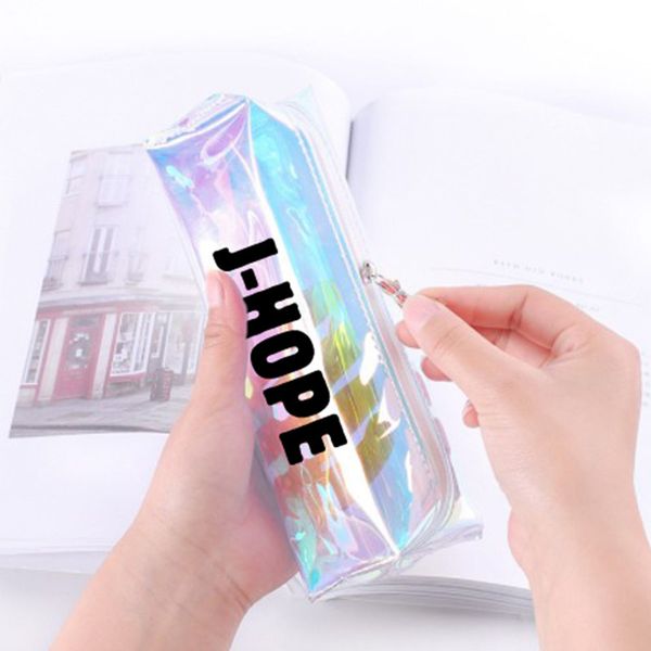 

new kpop bangtan boys pencil case laser transparent color pencil case jung kook j-hope bag for men and women