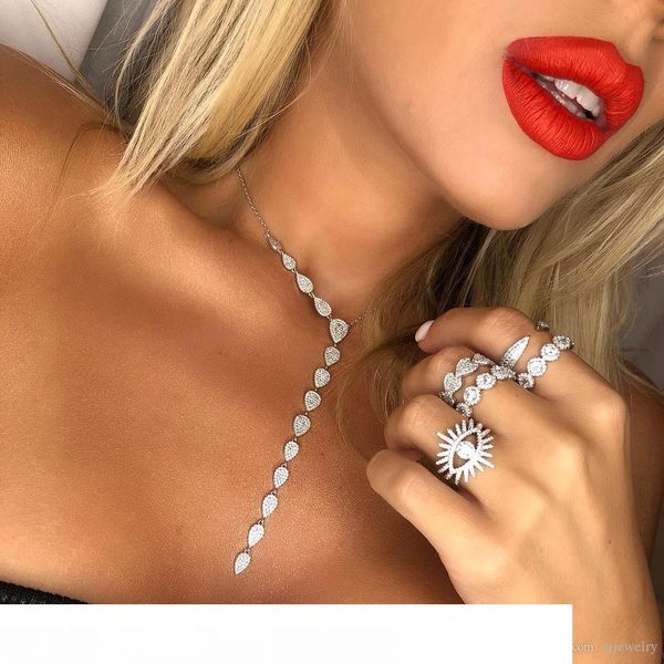 

luxury women jewelry long y lariat necklace tear drop cz charm silver gold plated long chain for lady
