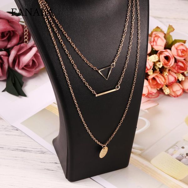 

fanala necklaces women 3 layers multilayer link chain triangle geometric pendant necklace, Silver