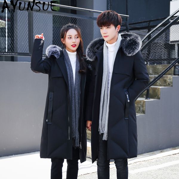 

ayunsue winter jacket men parka couple down jacket big fur collar korean plus size coat women jackets casaco masculino kj632, Black