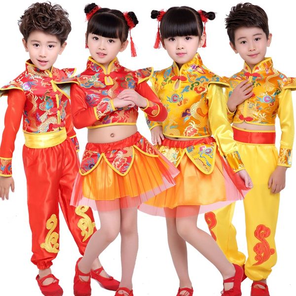 

children's festive chinese wind martial arts performance costumes drum dance clothes traditional chinese dance costume, Black;red