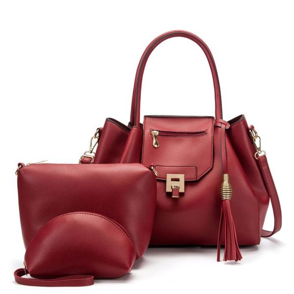

2020 leather women tote bag 1set/3pcs solid style tassel shoulder shopper bags purse and handbag fashion hand bag
