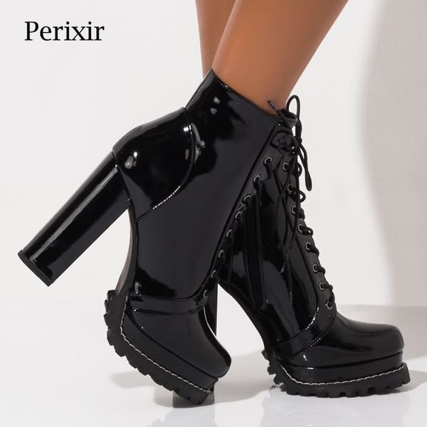 

women platform chunky heeled bootie women shoes autumn winter ankle boots fashion round toe lace-up high heel ladies shoes t200520, Black