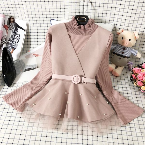

fashion two pieces knitted falre sleeve ruffed collar sweater+vest mesh patchwork beading belt 2019 spring new suit, White;black