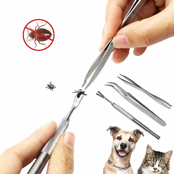 Pet Dog Flea Removedor Tick Remoção Ferramenta Aço Inoxidável Forquilha Dupla Forquilha Tweezers Clipe Deworming Ferramenta