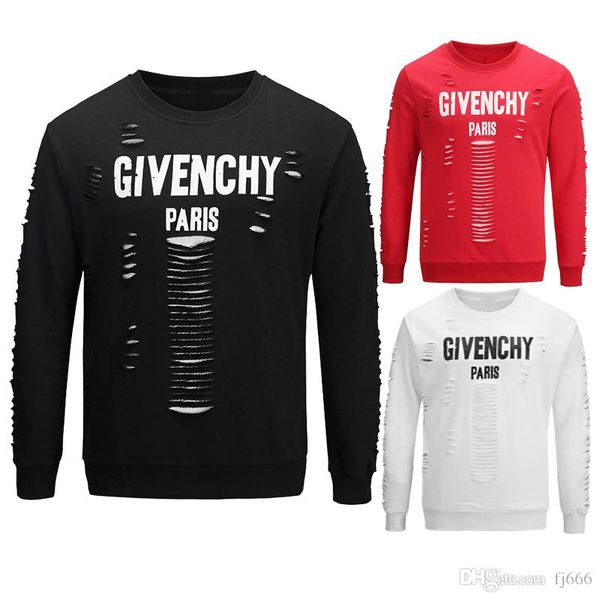 

paris fashion design sweatshirts men pullover sweatshirt hoodies broken hole long sleeve sweatshirts t shirt streetwear clothes, Black