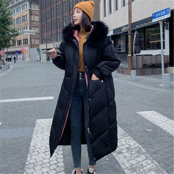 

2019 new fashion winter coat women long thickened warm hooded fur collar down jacket winter long parka coats outerwear v1001, Tan;black