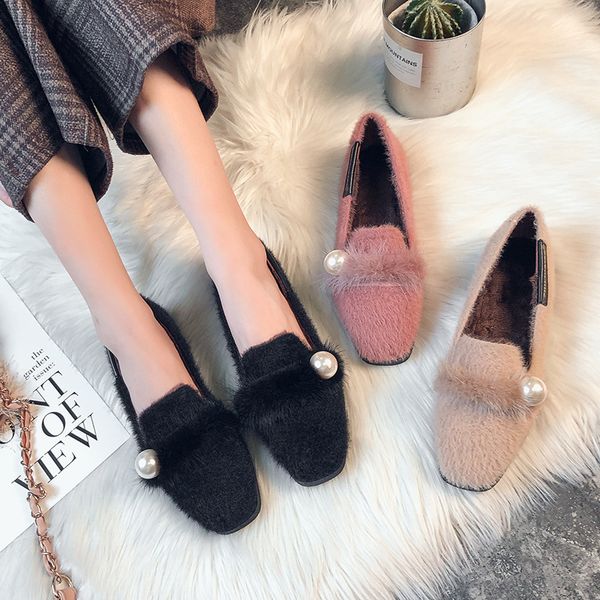 

casual woman shoe all-match womens loafers shoes female footwear square toe women's moccasins pearl decorateion autumn slip-on, Black