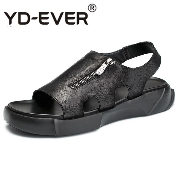 

thick-soled sandals mens genuine leather outdoor high zipper roman sandals cowhide flip flops casual shoes beach anti-skid, Black