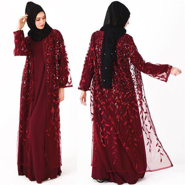 

luxury sequined long embroidered women's muslim abaya arabic robe luxury kimono dubai kaftan ramadan beading lace cargigan, Red