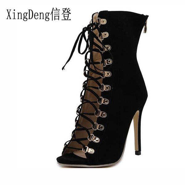 

xingdeng girl party party dress european motorcycle shoes high heels boots shoes with lace up bandage ankle strap women, Black