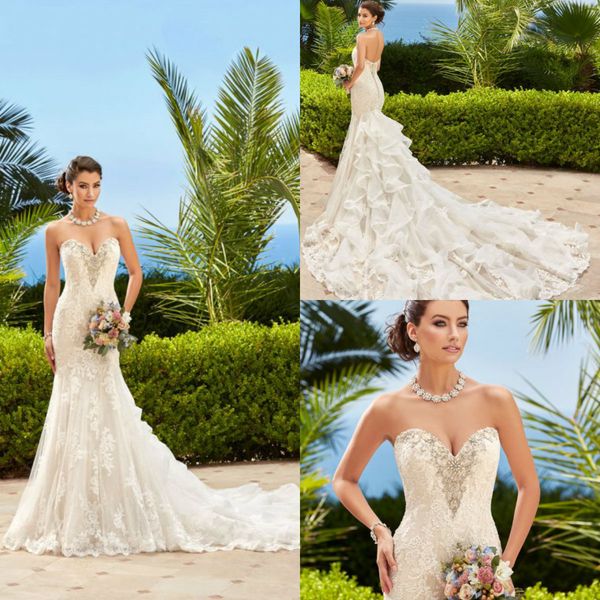 

2020 country mermaid wedding dresses lace appliqued sweetheart boho wedding dress sweep train custom made crystal beach bridal gowns, White