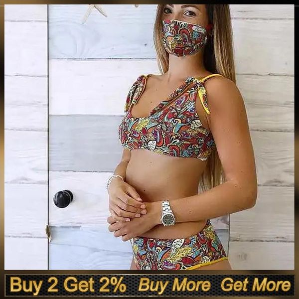 

bikinis set 3 pieces women's bikini and mask print swimsuit filled bra swimwear beachwear 2021 plus size baÃ±ado