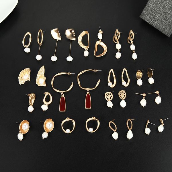 

new fashion korea design metal gold geometric irregular circle square natural freshwater pearl drop earrings for women girl gift, Silver