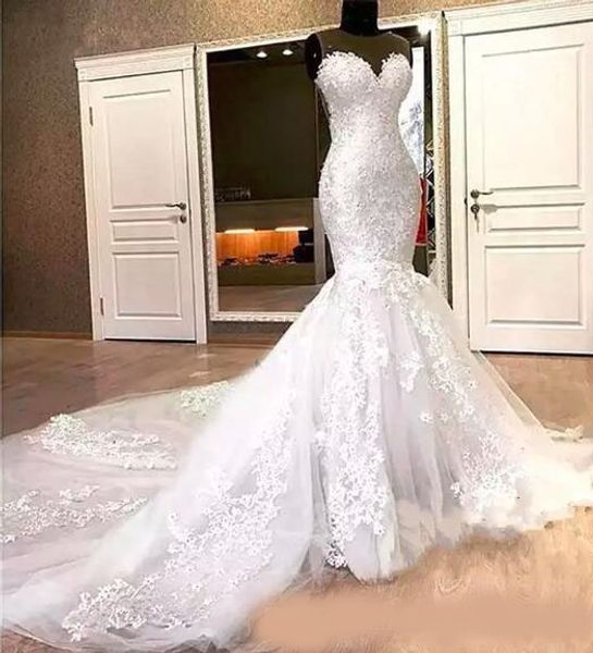 

gorgeous mermaid lace wedding dresses appliques beads long chapel train sheer neck 2020 bridal dress for women vestido de noiva, White