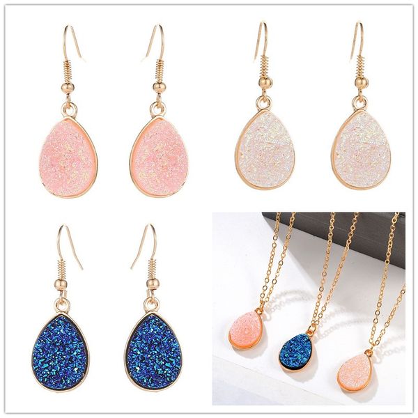 Moda goccia d'acqua 4 colori druzy drusy orecchini collana placcata oro Geometria finta collana di orecchini in resina di pietra naturale per gioielli da donna