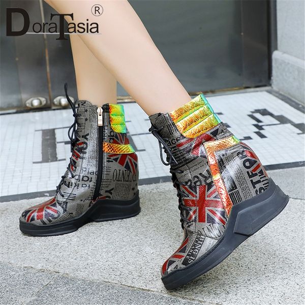 

doratasia new winter height increase ankle boots women 2019 print lace-up high booties high heels fur shoes woman size 33-43, Black