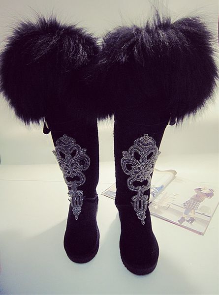 Compre Señoras De Piel De Zorro De Lujo Botas De Nieve Hasta La Rodilla Botines Largos De Cuero Genuino Rhinestones Zapatos De Invierno De Gamuza Compre Señoras De Piel De Zorro De Lujo Botas De Nieve Hasta La Rodilla Botines Largos De Cuero Genuino Rhinestones Zapatos De Invierno De Gamuza