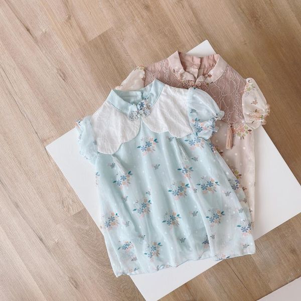 

chinese style summer baby girls vintage floral print short sleeve lace princess party jumpsuits children kids cute bodysuits, Blue