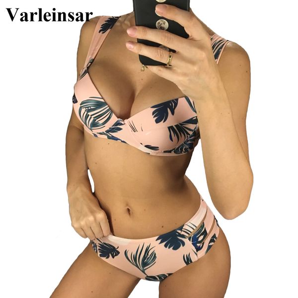 

pink print female swimsuit high waist bikini 2019 women swimwear two-pieces bikini set push up bather bathing suit swim v958