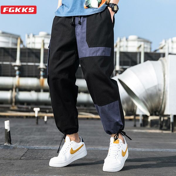 

men's pants fgkks trend brand men cargo patchwork cotton casual trousers high street straight harem male, Black